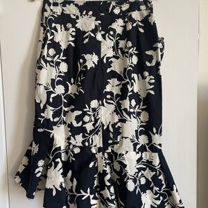 H&M Black and Cream Floral Midi Skirt with Flounce Hem